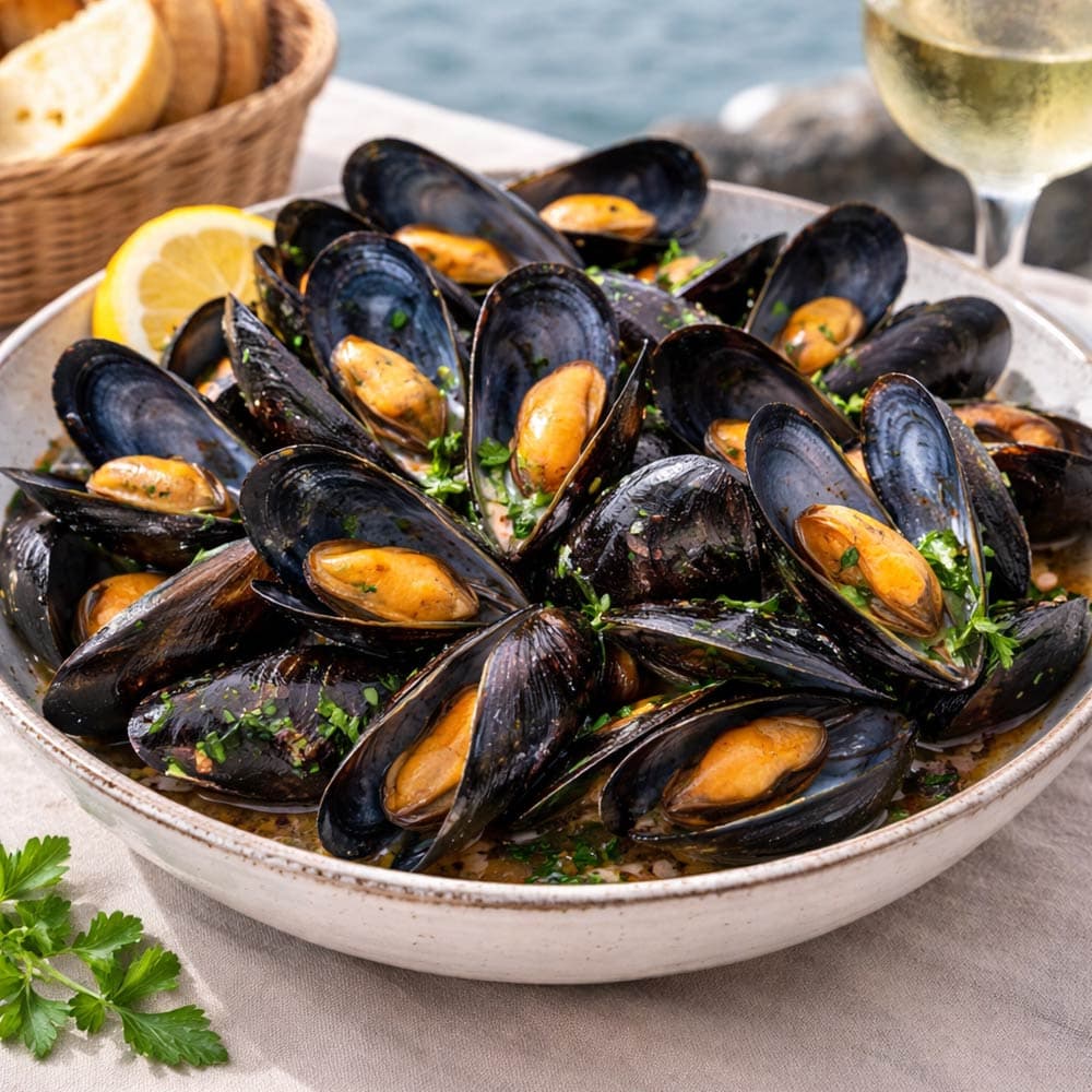 Piatto di cozze scoppiate servito al ristorante
