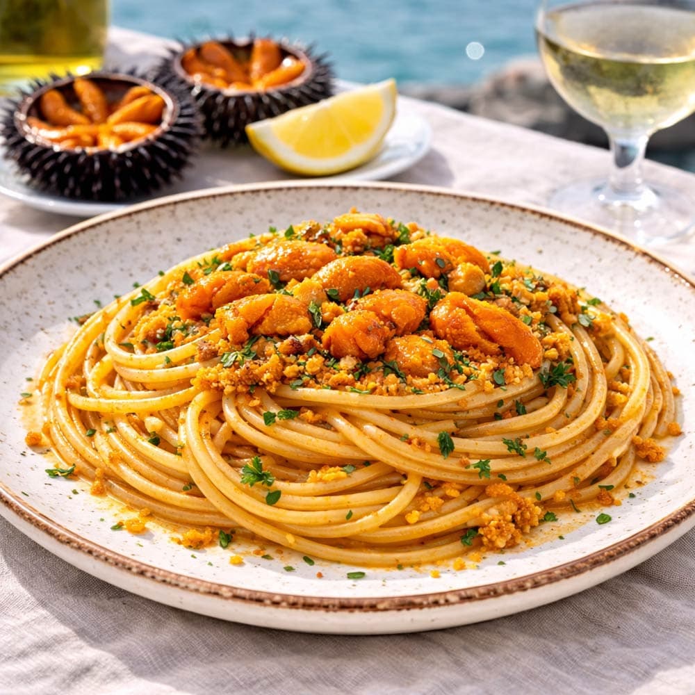 Spaghetti ai ricci di mare serviti su piatto bianco